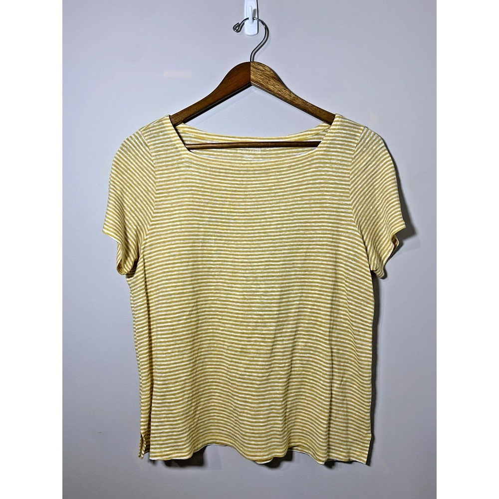 Eileen Fisher Yellow White Striped Organic Linen Knit Tee Shirt Womens‎ Medium